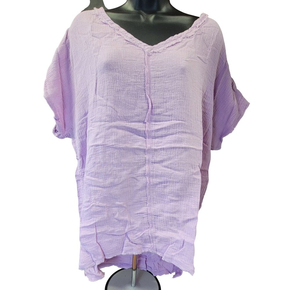 La meil Top Shirt Gauze Short Sleeve V-Neck  Frayed Hem Womens Large NEW